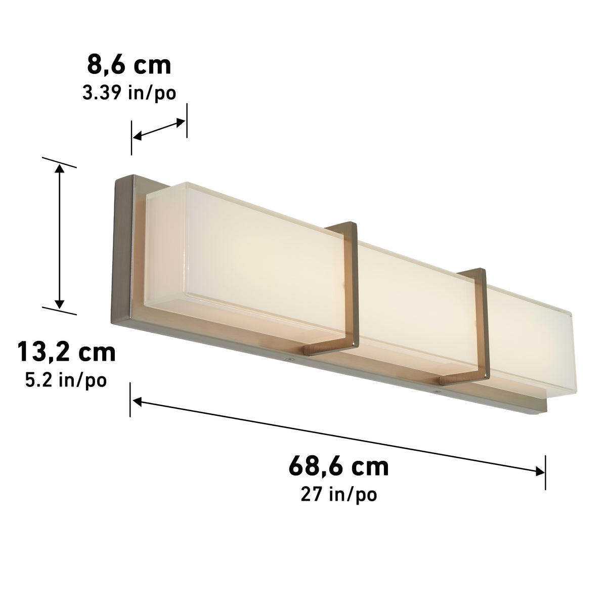 The Artika Subway modern LED bathroom vanity light has 3 frosted panels and measures 68.6 x 13.2 x 8.6 cm.