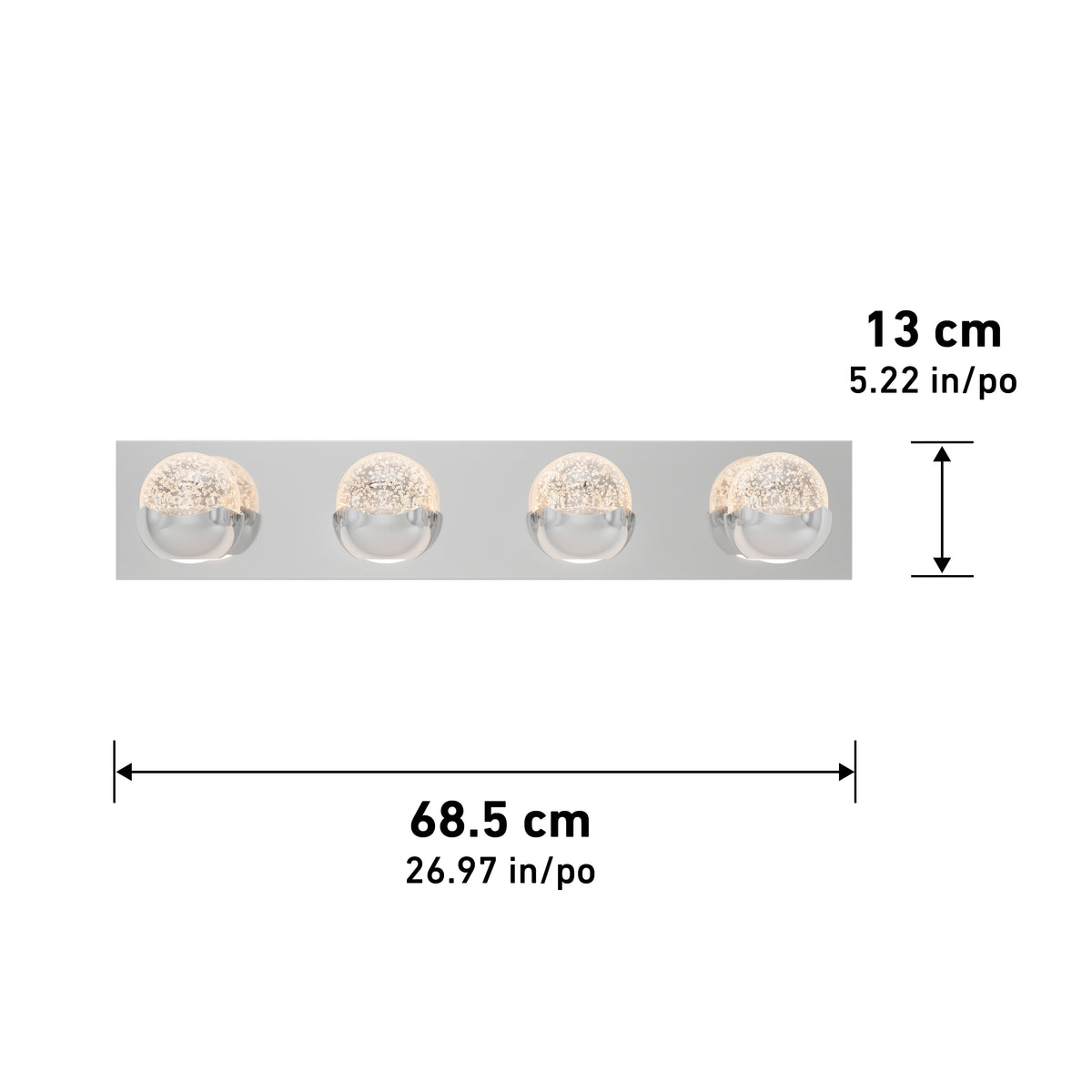 The Artika Oracle modern LED bathroom vanity light features 4 round lights, measuring 68.5 x 13 cm (27 x 5 in).