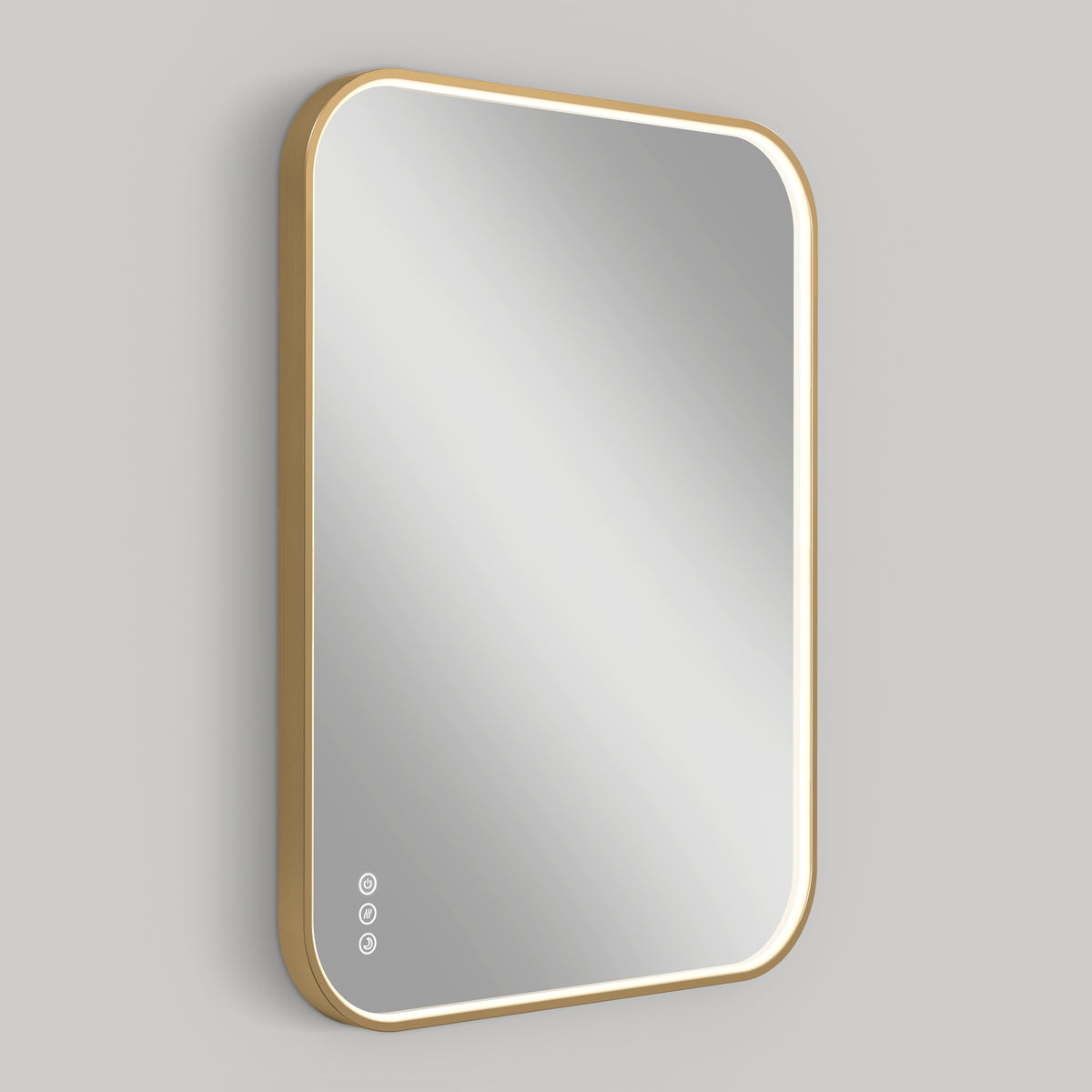 The Artika Royce Dimmable LED Mirror, with a gold frame, rounded corners, three touch buttons in the lower left corner, built-in defogger, and 3 CCT options, is set against a plain gray background.