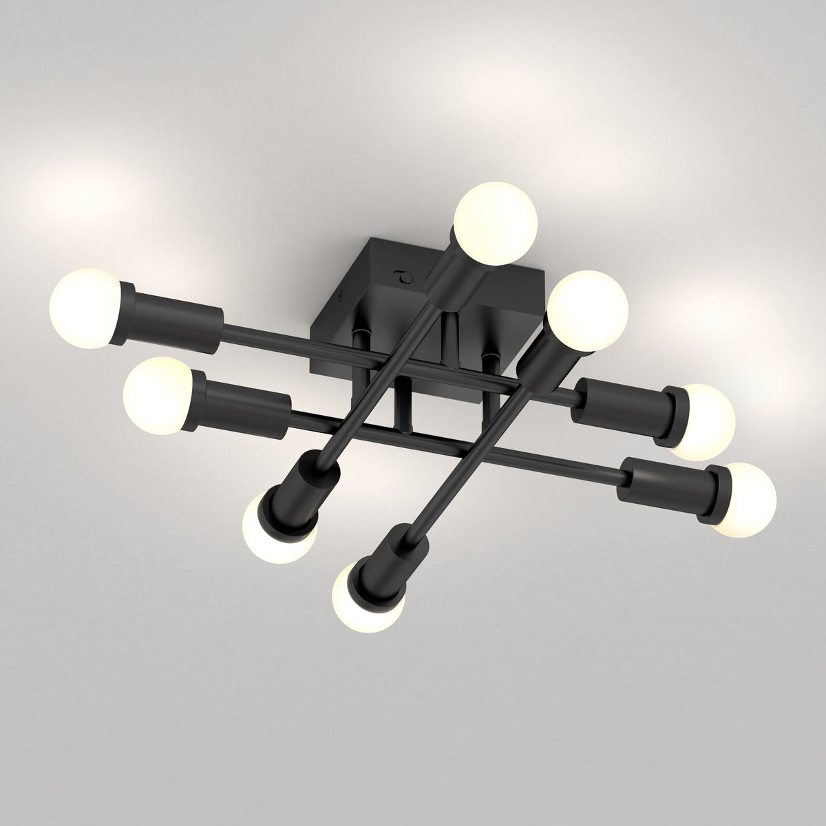 The Artika Aristo LED flush mount features black rods, round white bulbs, and 3 adjustable colour temperatures.