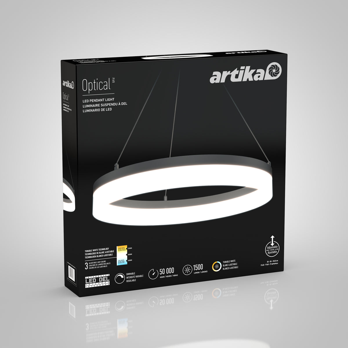 A black box for the Artika Optical LED pendant light 3 CCT shows a circular fixture image and icons for features like dimmable, 50,000-hour lifespan, and 1,500 lumens.