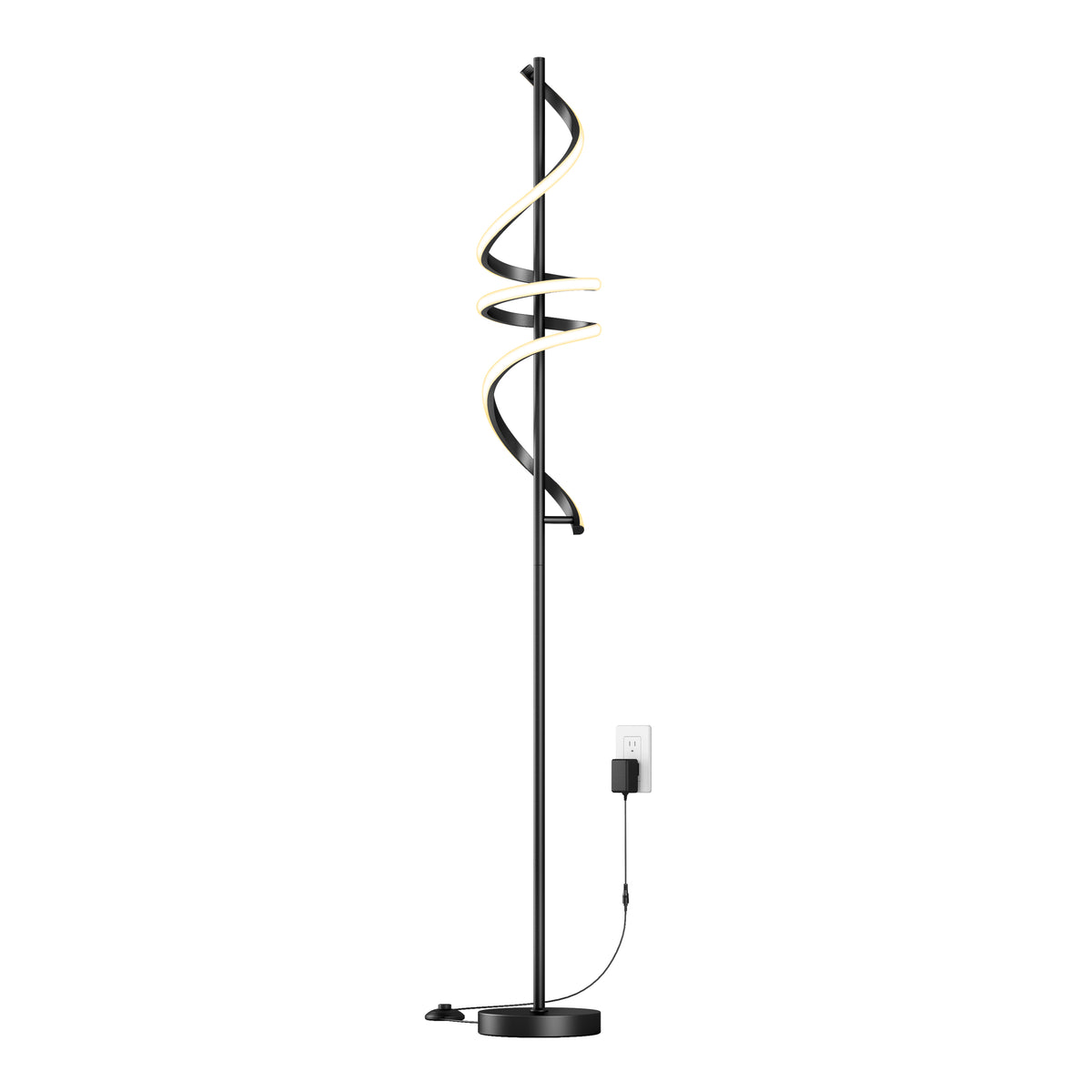 The Artika Coda modern LED floor lamp 5CCT features a black spiral light design on a round base. Plugged into a wall outlet, its minimalist style seamlessly blends form and function for contemporary spaces.