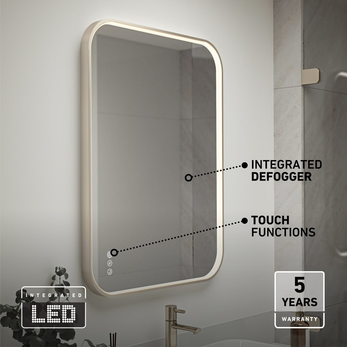 The Artika Royce Dimmable LED Mirror (3 CCT) features integrated lighting with adjustable brightness, touch controls, a built-in defogger, and can be mounted horizontally or vertically. Includes a 5-year warranty.