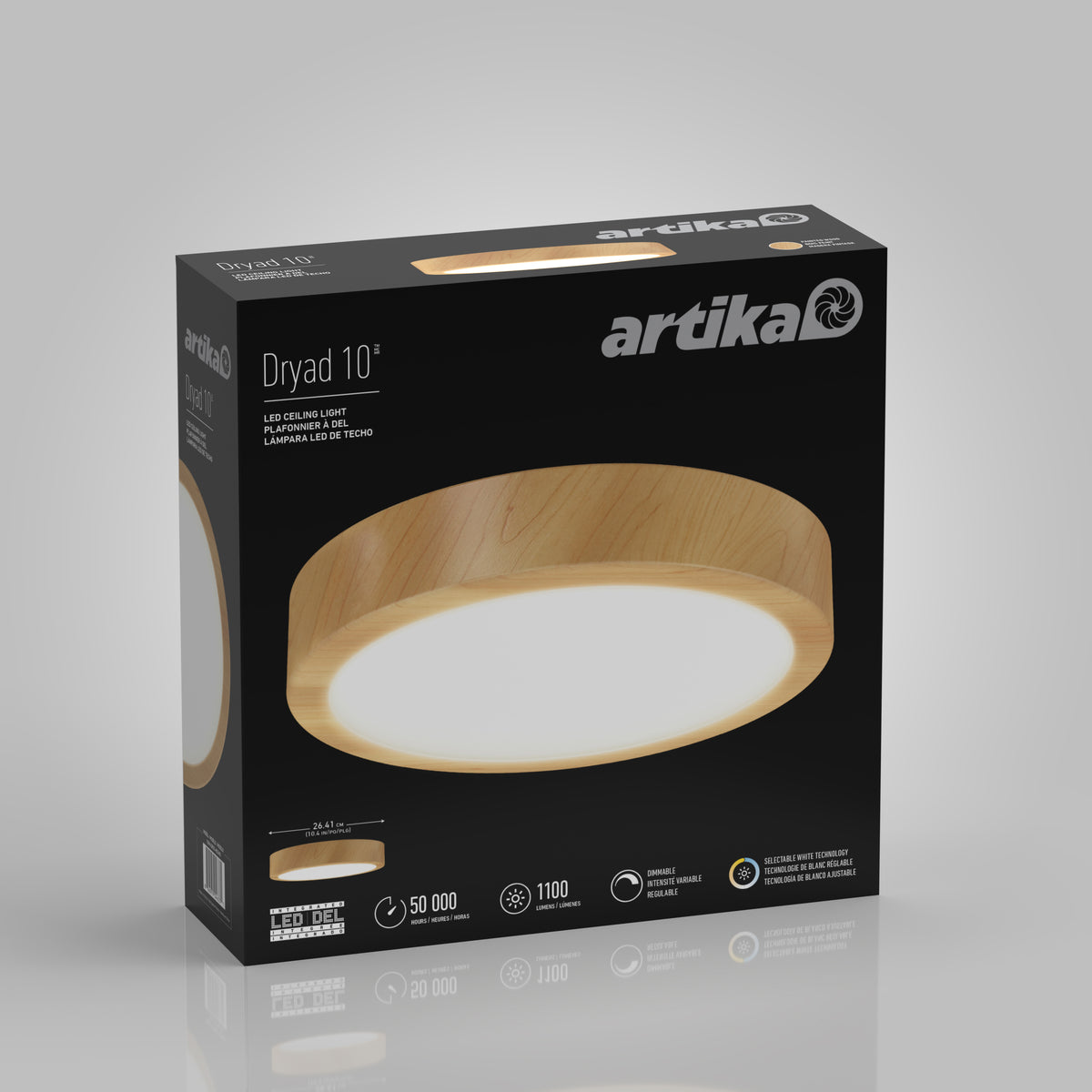 An Artika Dryad 10 in. Modern LED Flush Mount Ceiling Light 5 CCT with wood finish, shown on a gray background.