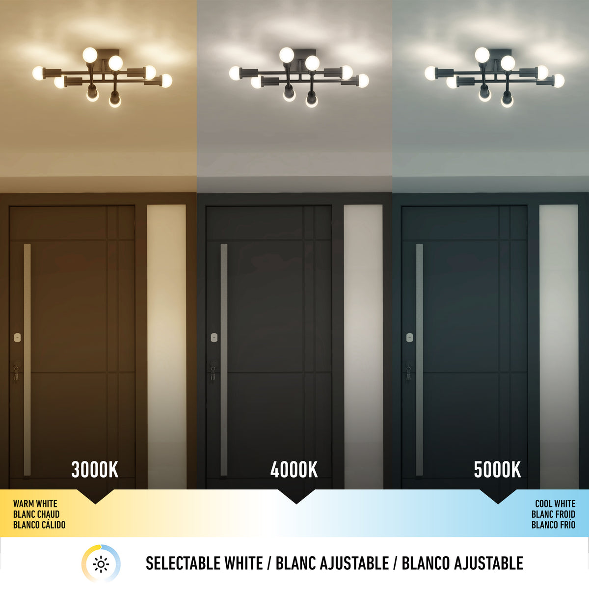 Three Artika Aristo LED flush mount 3 CCT lights above doors offer adjustable 3000K, 4000K, or 5000K color temperatures.