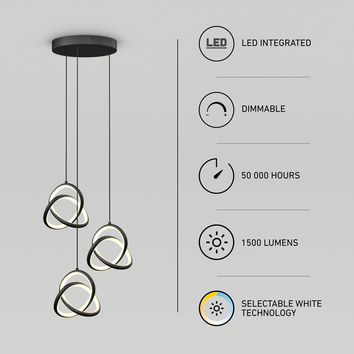 The Artika Zephyr 3-light LED pendant features three intertwined rings, integrated dimmable LEDs, selectable white technology, 50,000-hour lifespan, and delivers 1500 lumens—perfect for modern ceilings.