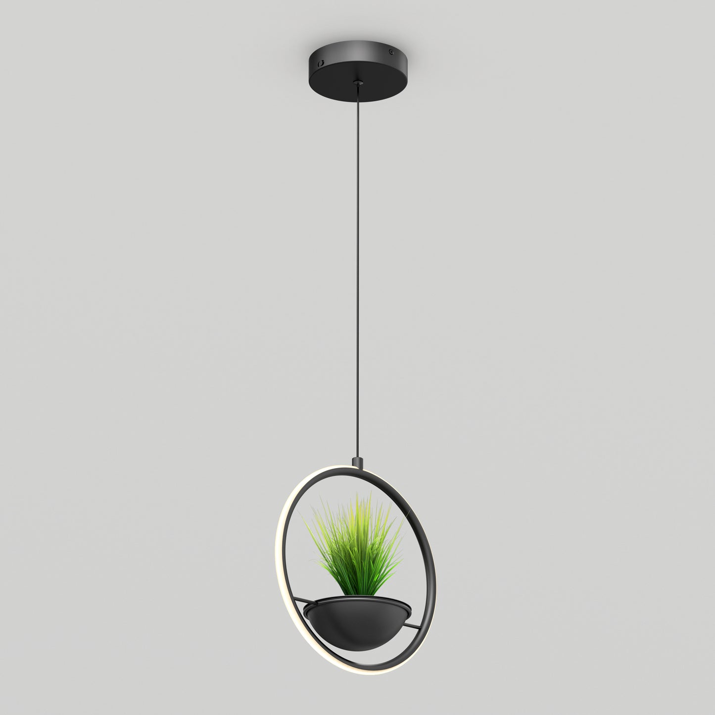 The Artika Colin LED modern planter pendant light 5 CCT features a circular black frame with an integrated LED ring and a central green potted plant, suspended by a black cord against a light gray background.
