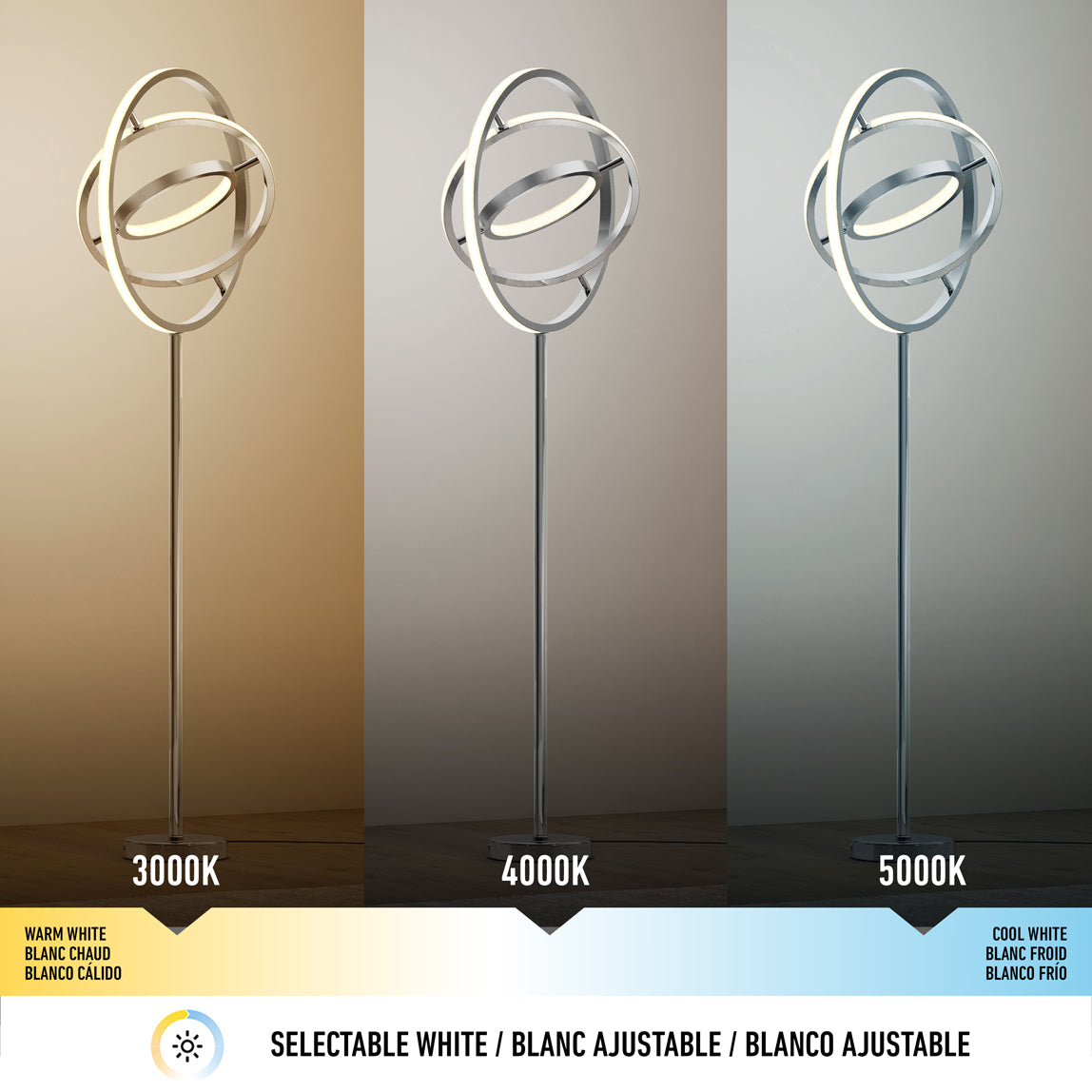 Three images of the Artika Pivot modern LED floor lamp display its 3 CCT options—warm white (3000K), neutral white (4000K), and cool white (5000K)—highlighting how each light temperature creates a distinct ambiance.