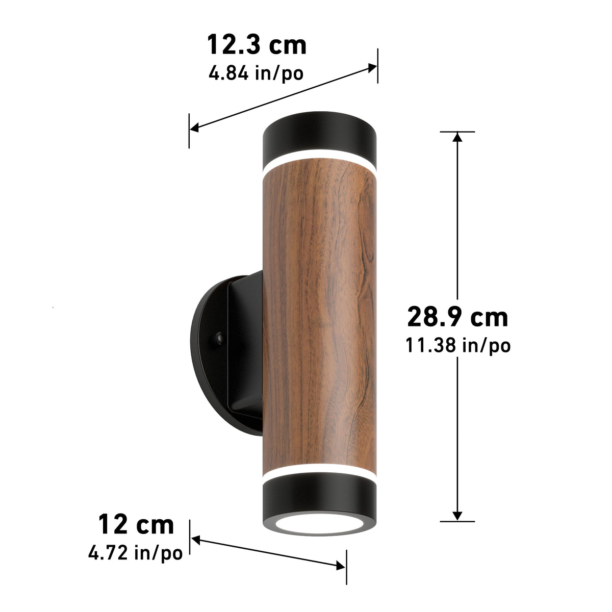 The Artika C7 indoor-outdoor LED wall light 3 CCT features a cylindrical wood-finish design with black ends, mounted on a black 12 cm diameter base. It measures 28.9 cm tall and 12.3 cm wide, with dimensions in both cm and inches.
