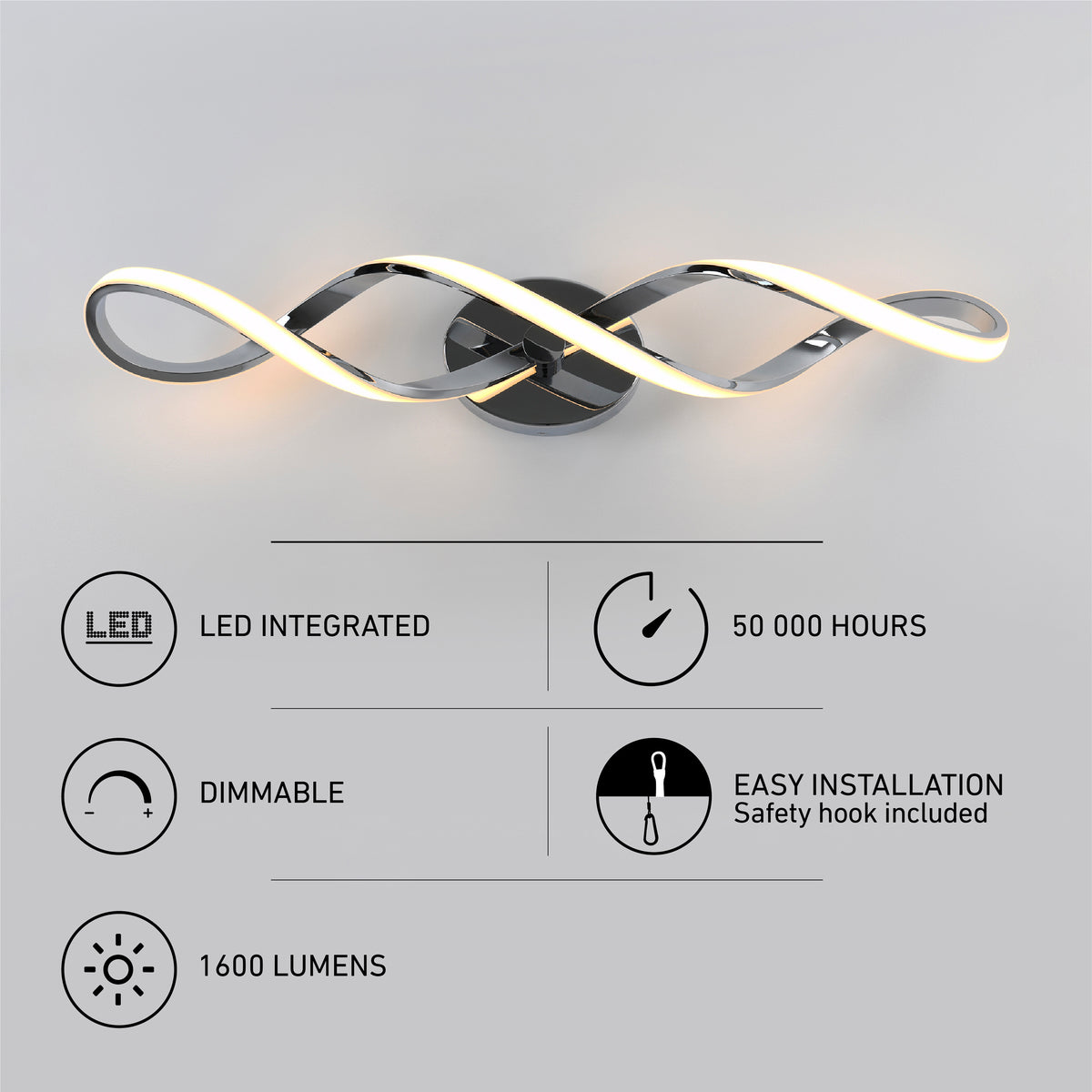 The Artika Swirl modern LED bathroom vanity light features a twisted design and is mounted on a gray wall; icons and text showcase integrated LEDs, dimmable 1600 lumens, 50,000-hour lifespan, and easy installation—ideal for modern spaces.