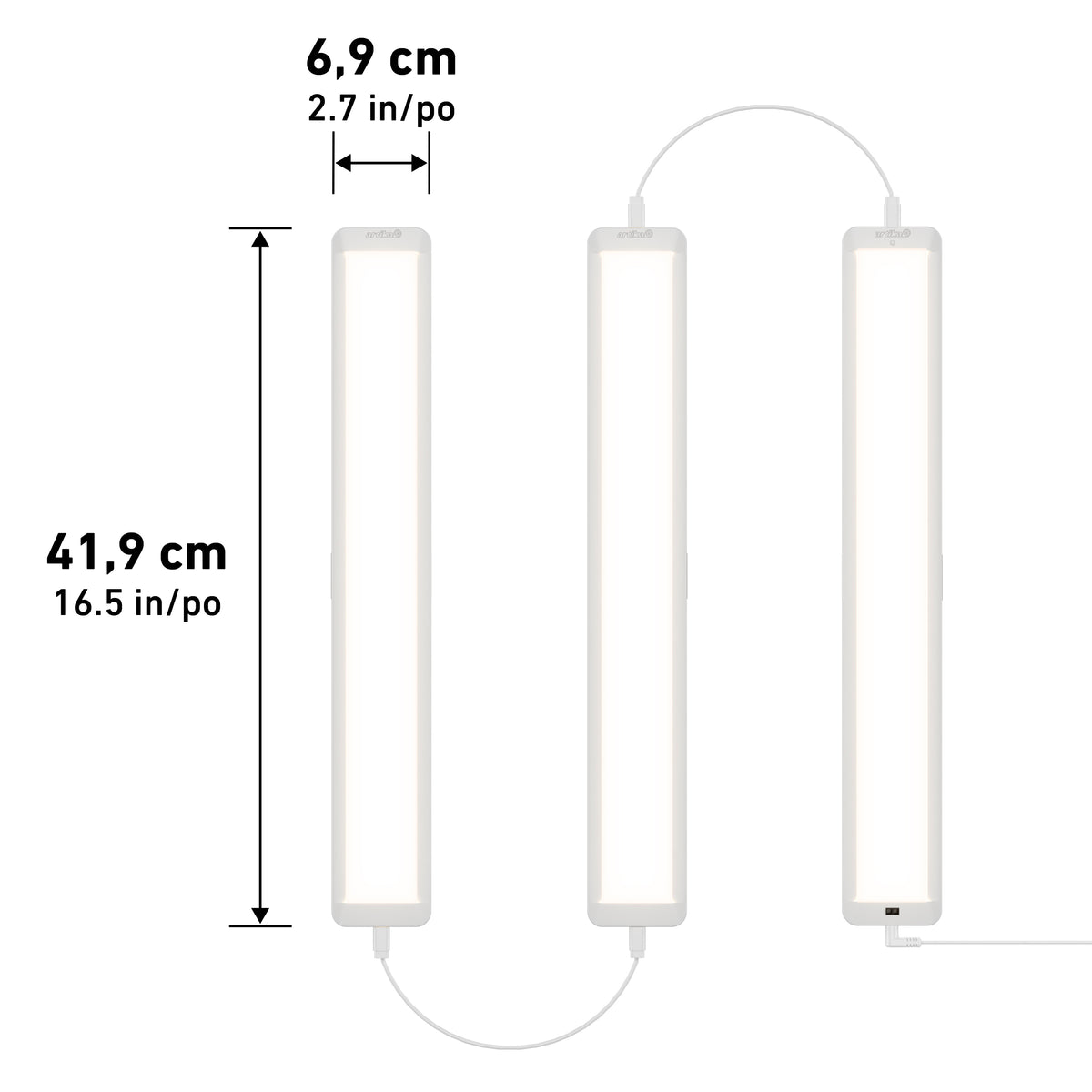 Three vertically arranged Maestro under cabinet LED light 3CCT panels by Artika are connected by cables. Each panel measures 41.9 cm (16.5 in) high and 6.9 cm (2.7 in) wide, with black measurement lines shown beside them.