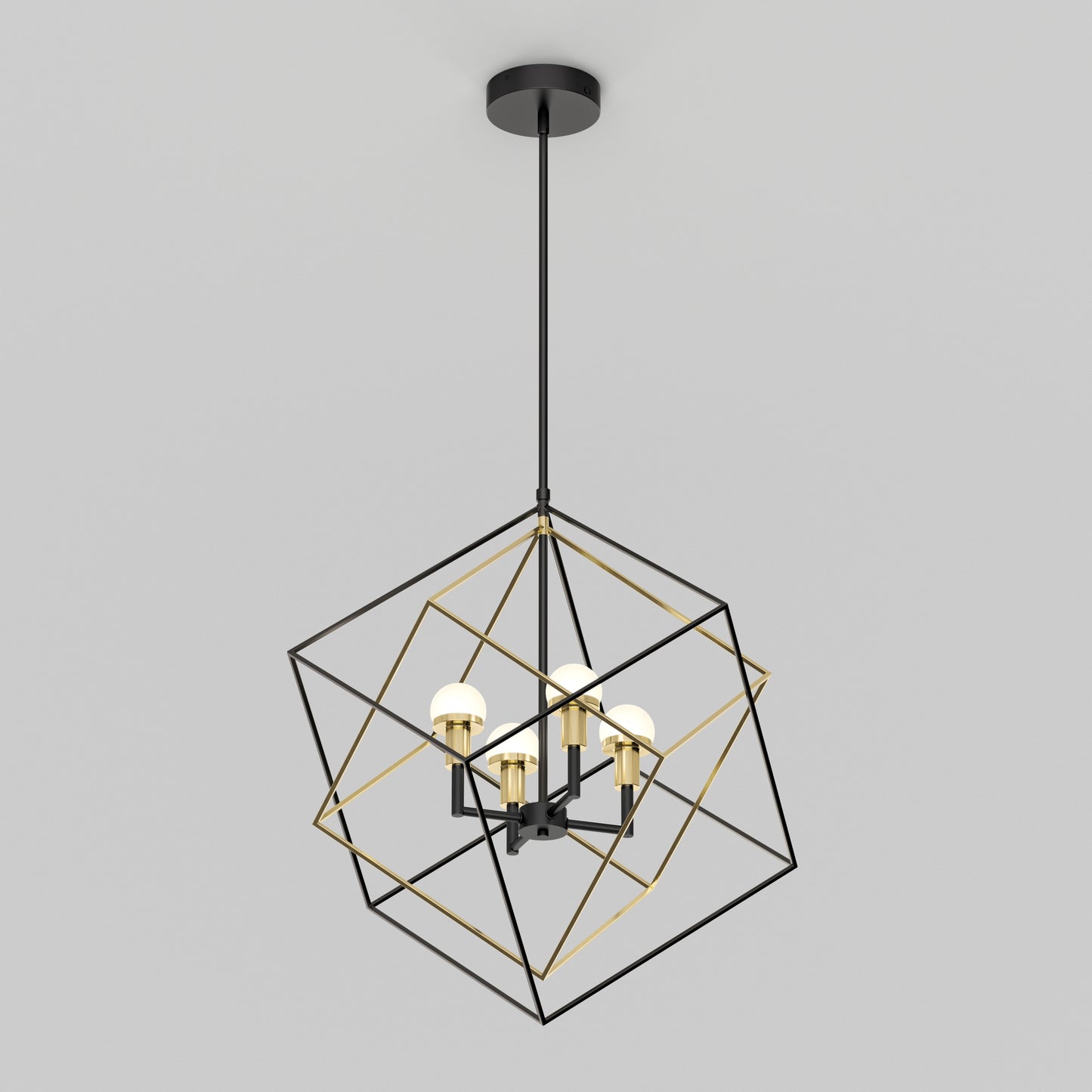 The Artika Peyton LED modern mid-century pendant light features a geometric black and gold open cube frame with four exposed bulbs, suspended from a black ceiling mount.