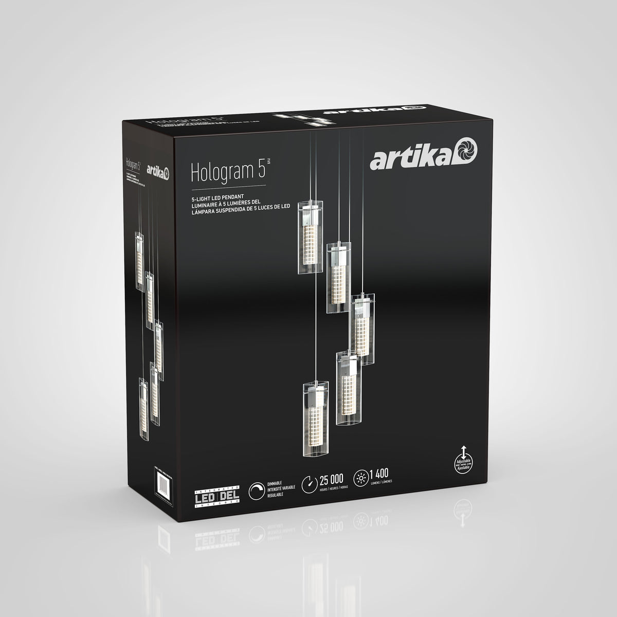 A black box showcases the Artika Hologram 5-light LED pendant, featuring an image of five hanging cylindrical glass lights and product details in white text on the packaging.