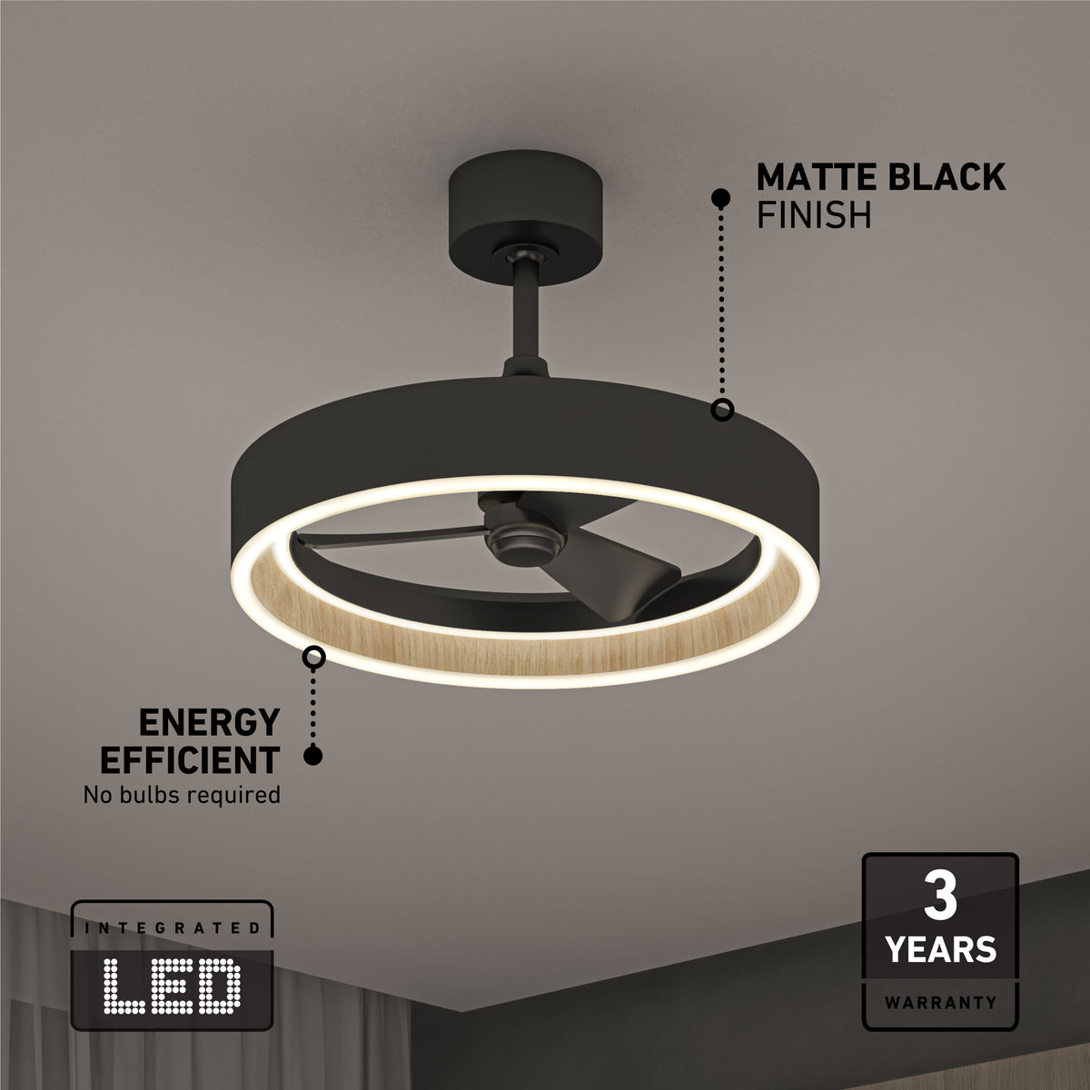 The Artika Alton 24 in. LED modern ceiling fan features 3 speeds, a matte black finish, and an energy-efficient design with integrated LED—no bulbs needed. Includes remote and 3-year warranty.