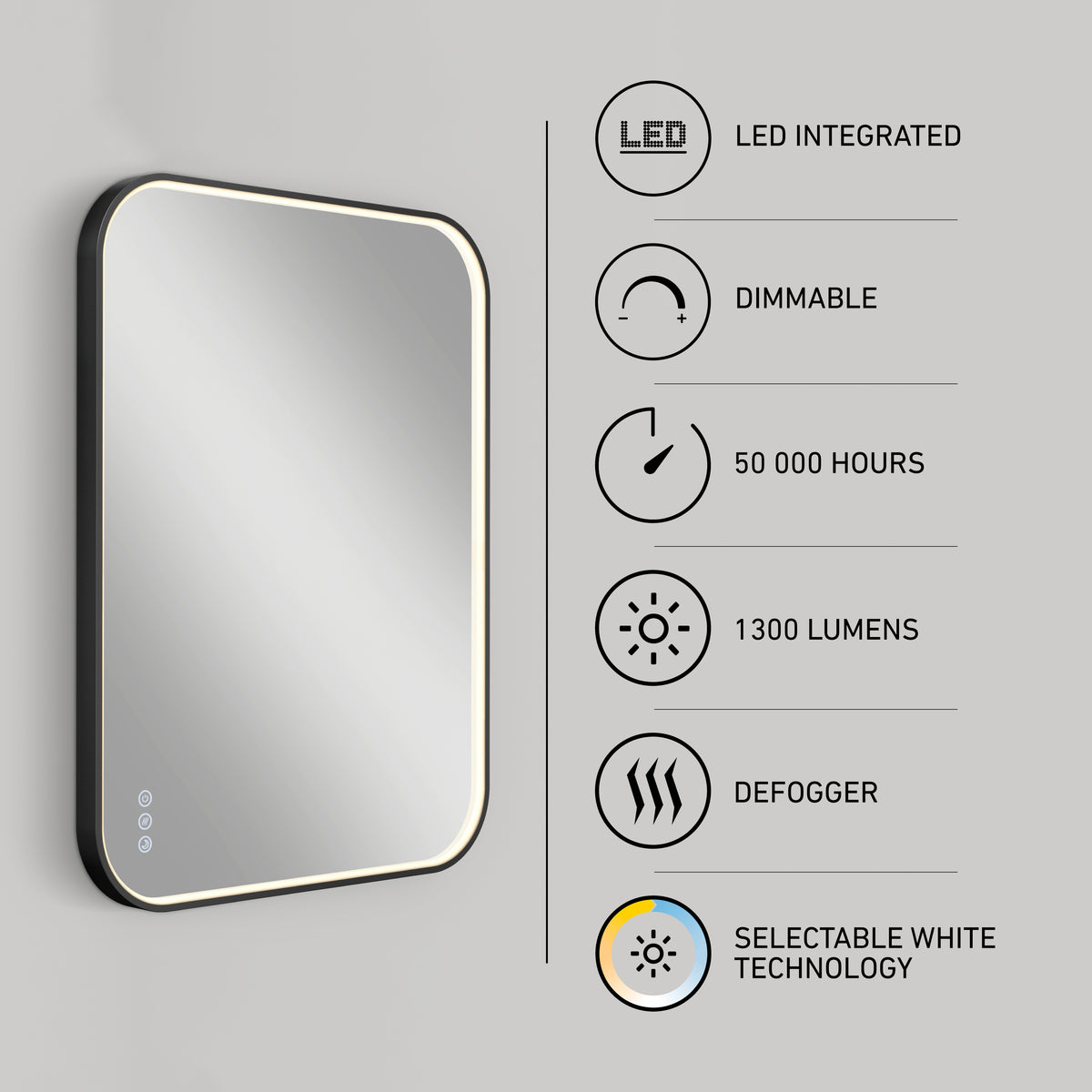 Artika Royce Dimmable LED Mirror, mountable horizontally or vertically, features integrated LEDs, 3 CCT selectable white technology, adjustable color temperature, 1300 lumens brightness, defogger, and a 50,000-hour lifespan.