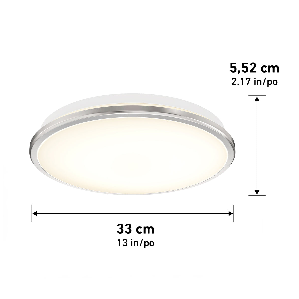 Artika Vera 13 in. (33 cm) modern LED flush mount ceiling light, dimmable with chrome finish, shown with measurement arrows.
