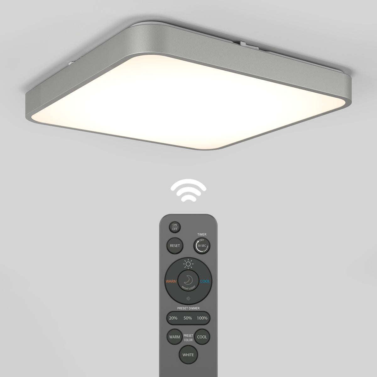 The Artika Europa 18 in. LED flush mount light is shown lit, with a remote below it featuring buttons to adjust brightness and color temperature. A wireless icon indicates the remote can control the light.
