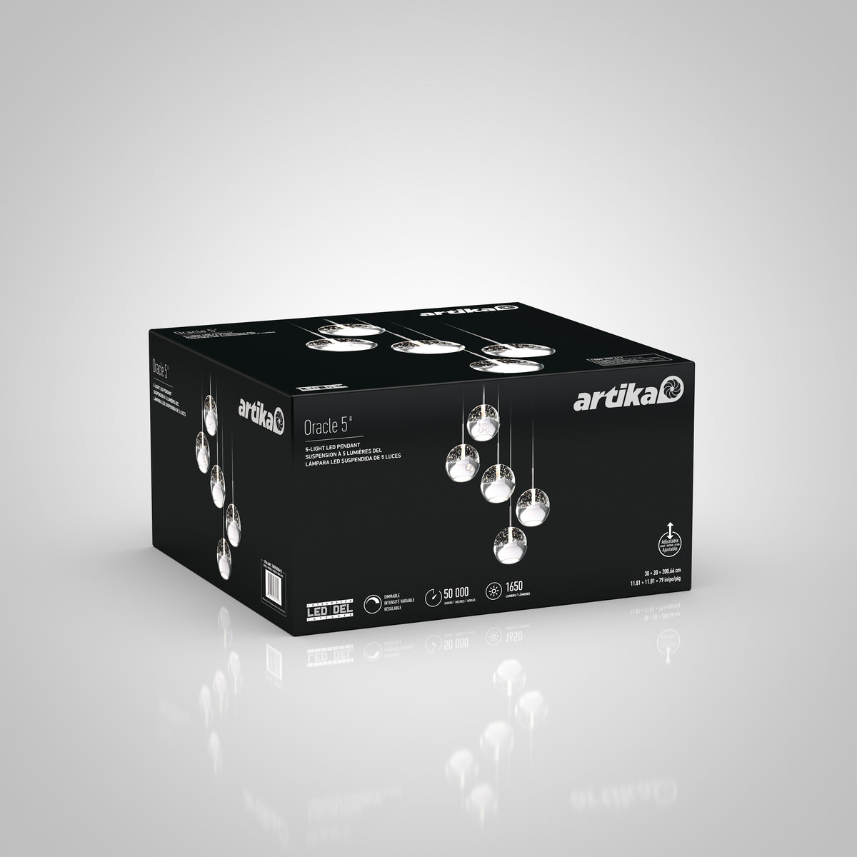A black box displays the Artika Oracle modern 5-light LED pendant, featuring five hanging glass lights on the packaging with product details on the sides, set against a white gradient background.