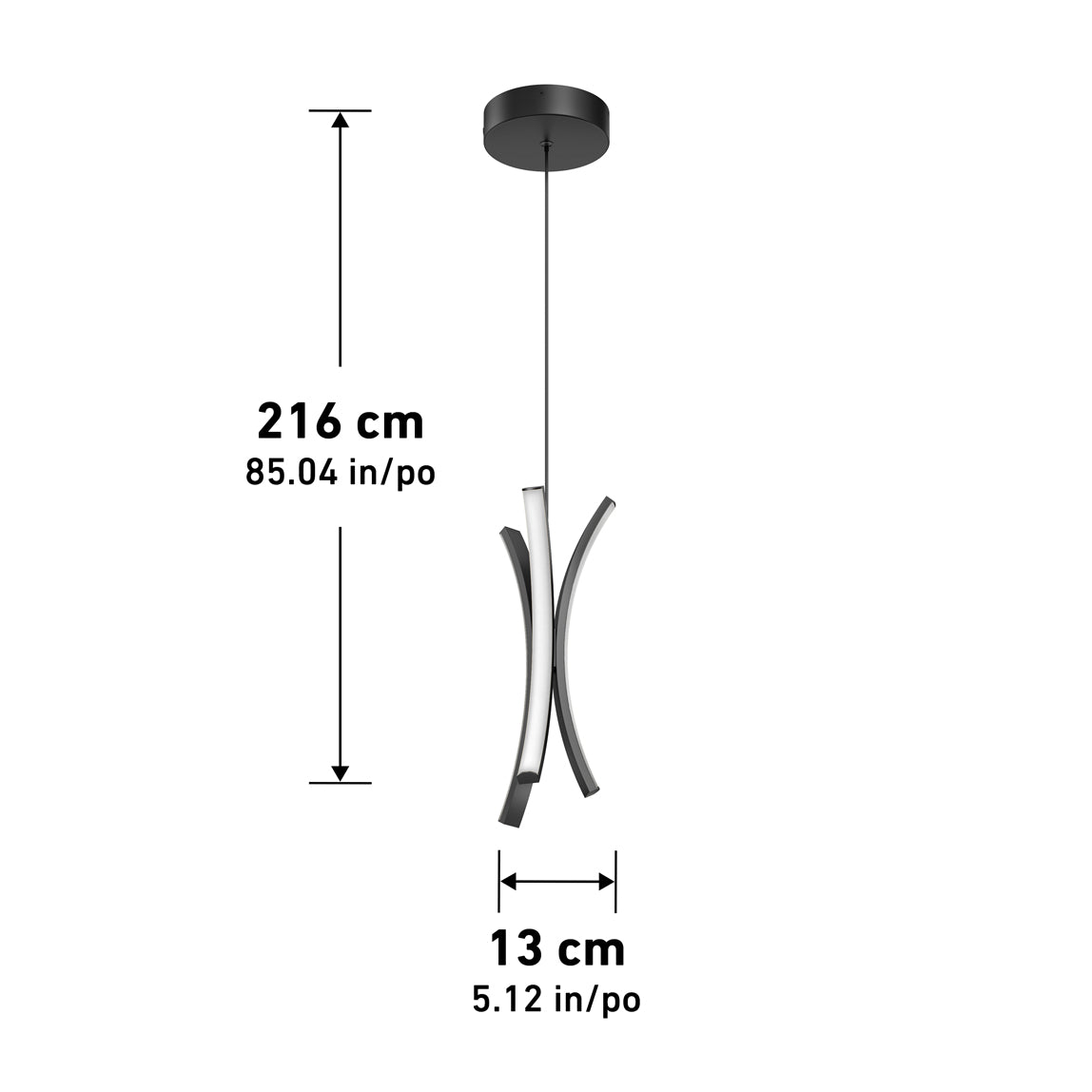 The Artika Corben Pendant LED light 5CCT Black features a round black canopy, single cord, and three curved LED bars. It measures 216 cm (85.04") in height and 13 cm (5.12") in width.