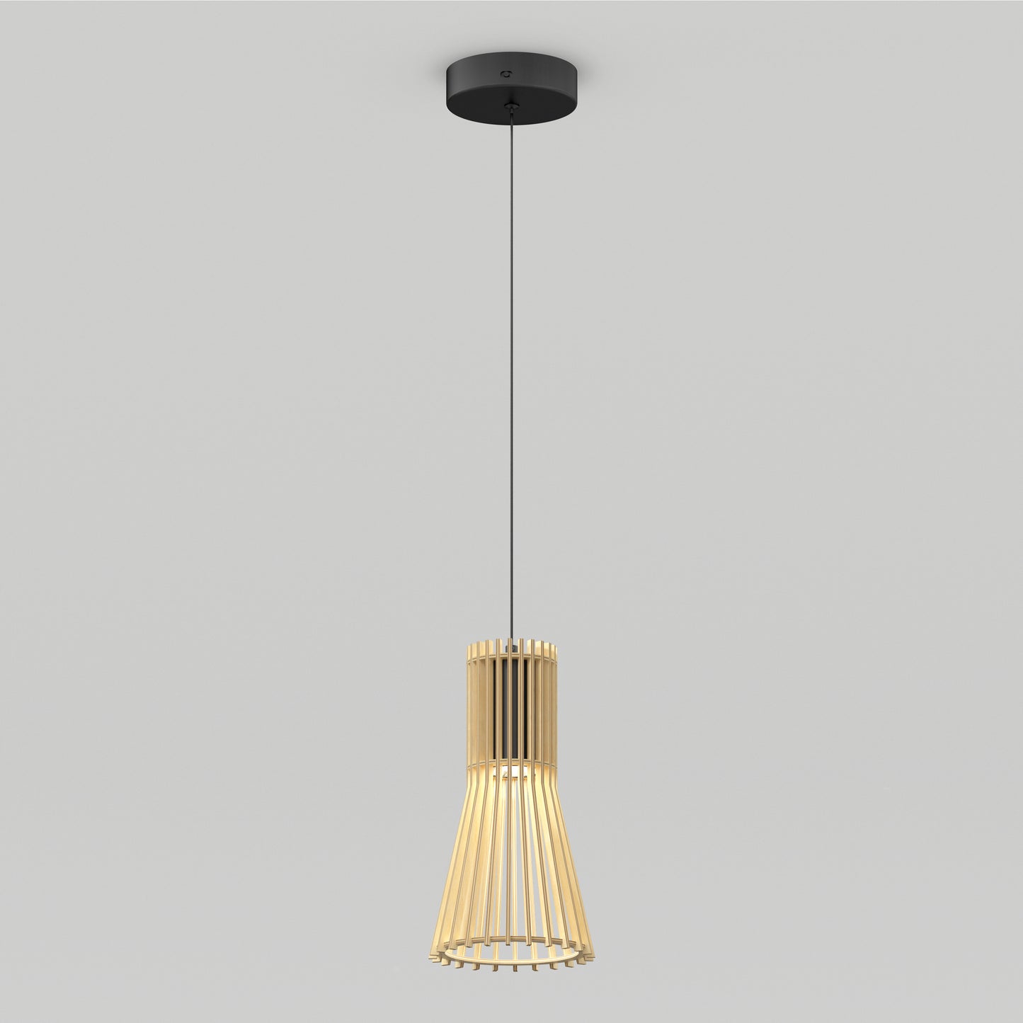 The Artika Kiyo modern LED pendant 3 CCT features a black ceiling mount and a cylindrical wooden slat shade, suspended by a slim black cord against a plain light gray background.