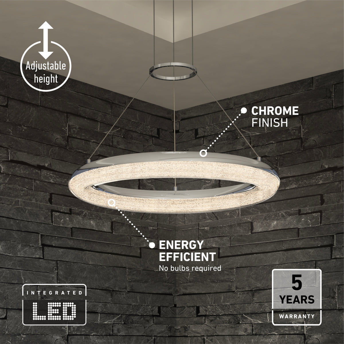 The Artika Famous Optical LED pendant light 5 CCT features a chrome finish, adjustable height, energy-efficient integrated LEDs (no bulbs needed), and comes with a 5-year warranty—ideal for rooms with dark stone walls.