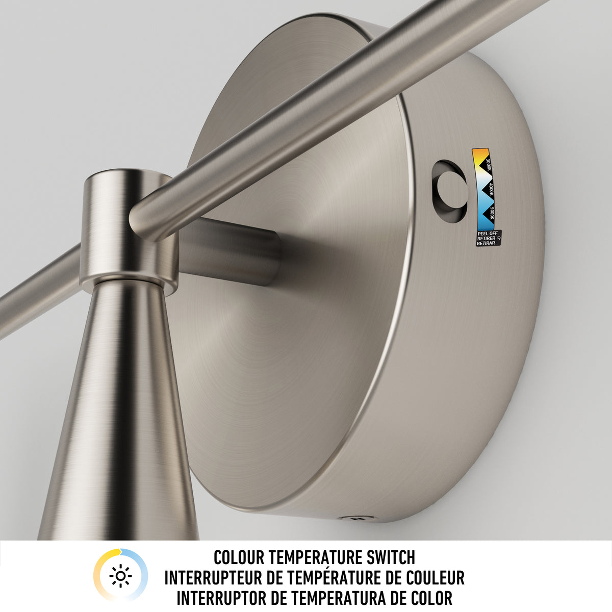 Close-up of the Artika Wayden LED mid-century bathroom vanity light 3 CCT, featuring adjustable color temperature.