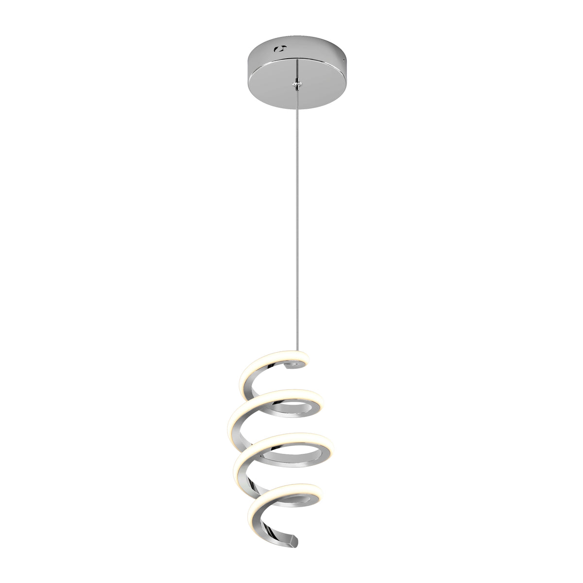 The Artika Chorus 1-light LED pendant features a chrome fixture and a spiral design, suspended by a slim cord. Soft light glows along the curve, and the 5 CCT option allows customizable lighting.