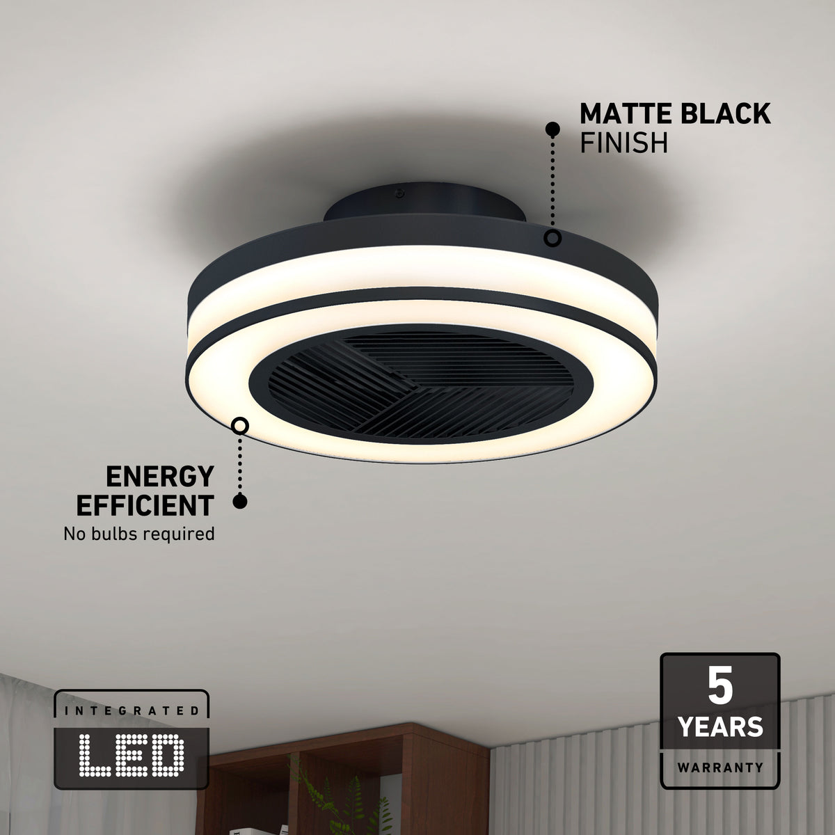 Artika Elton 19 in. LED modern fandelier ceiling fan with light, remote, matte black finish—energy efficient, silent, 5-year warranty.