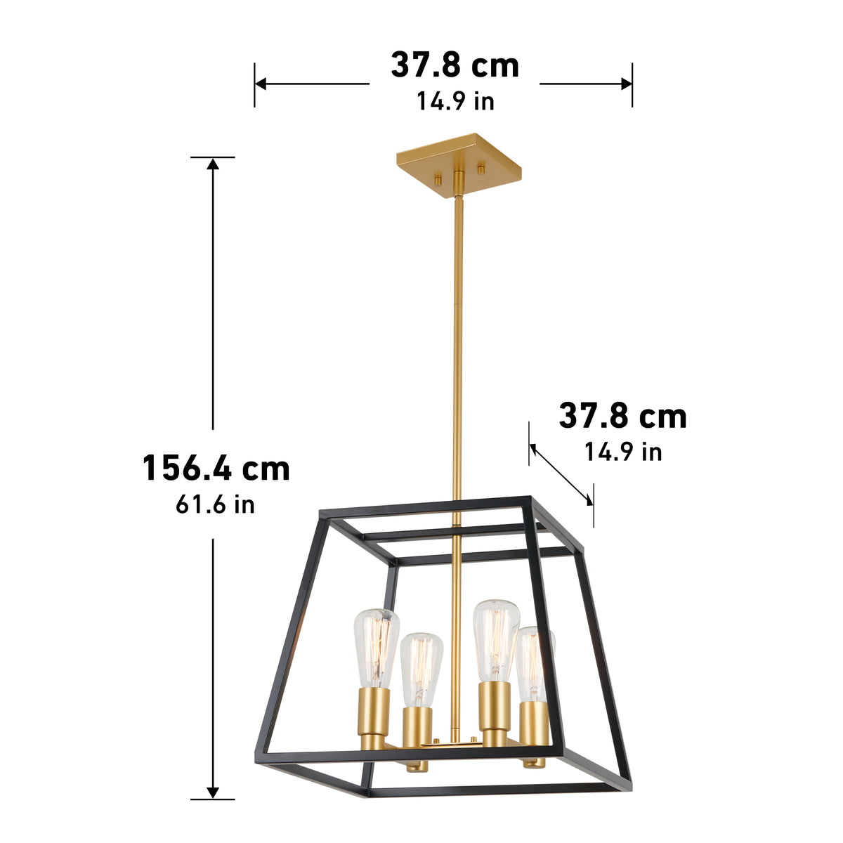 The Artika Carter Square 4-light LED chandelier features a gold and black geometric frame with four exposed bulbs. Height-adjustable, its dimensions are 156.4 cm high and 37.8 cm wide and deep.