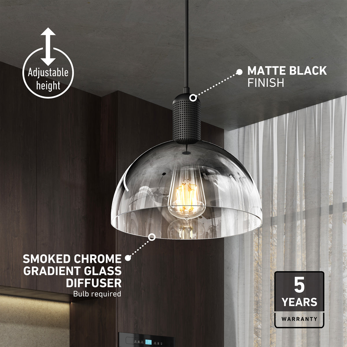 The Artika Nella Pendant without Bulbs features a smoked chrome gradient glass diffuser, matte black finish, adjustable height, and 5-year warranty. The visible bulb design makes it a stylish choice for any kitchen.