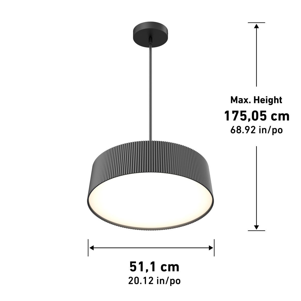 The Artika Groove Drum LED contemporary pendant light features a ribbed, circular shade with max height of 175.05 cm (68.92 in) and diameter of 51.1 cm (20.12 in); measurement arrows shown right and bottom.