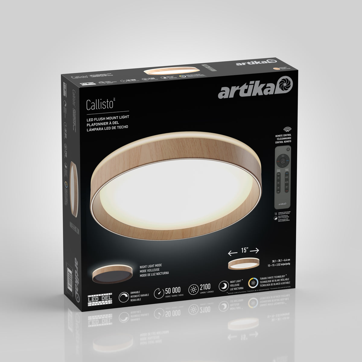 A black and brown Artika box for the Callisto 15 in. LED flush mount light 5 CCT, featuring a large image of the round wood-accented fixture and product details such as size, brightness, and lifespan.