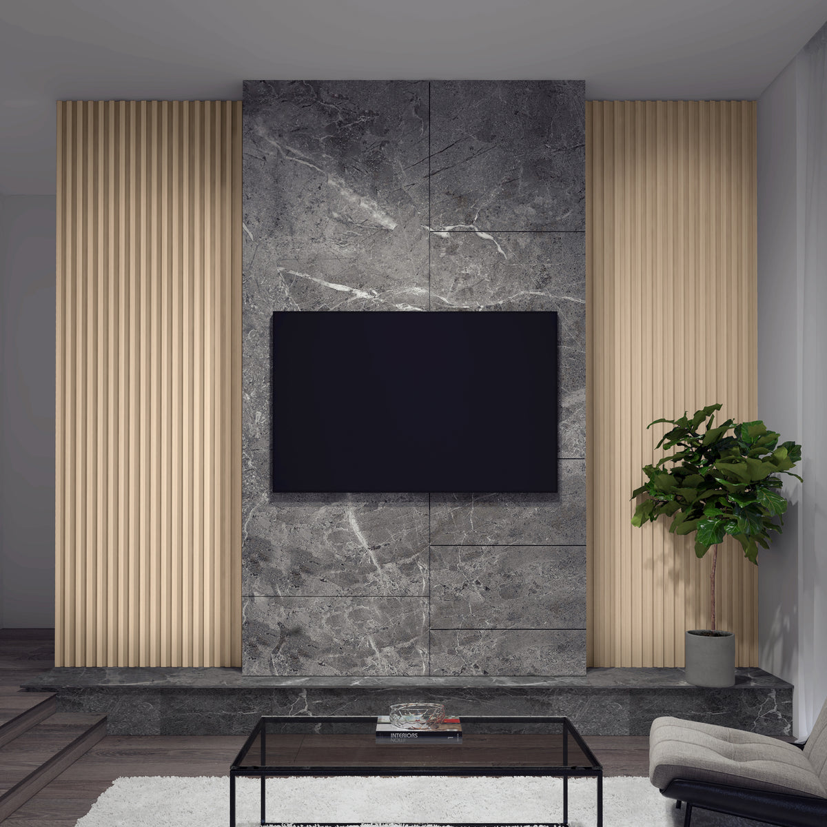 A modern living room features a wall-mounted TV on a gray marble accent wall, framed by Artika’s Panolok 30.67 ft wall panel kit (pack of 8) in an oak finish. A potted plant and glass coffee table complete the Scandinavian vibe.