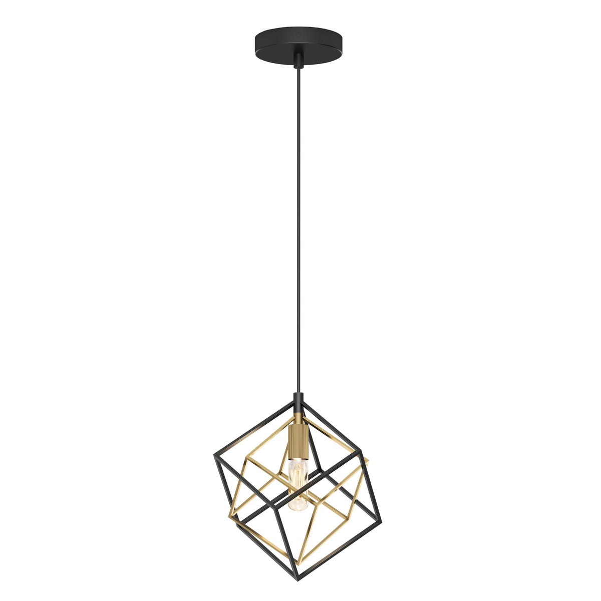 The Artika Imperium Single pendant light features a black ceiling mount and cord, with a geometric black and gold cube frame surrounding an exposed bulb for a modern look.
