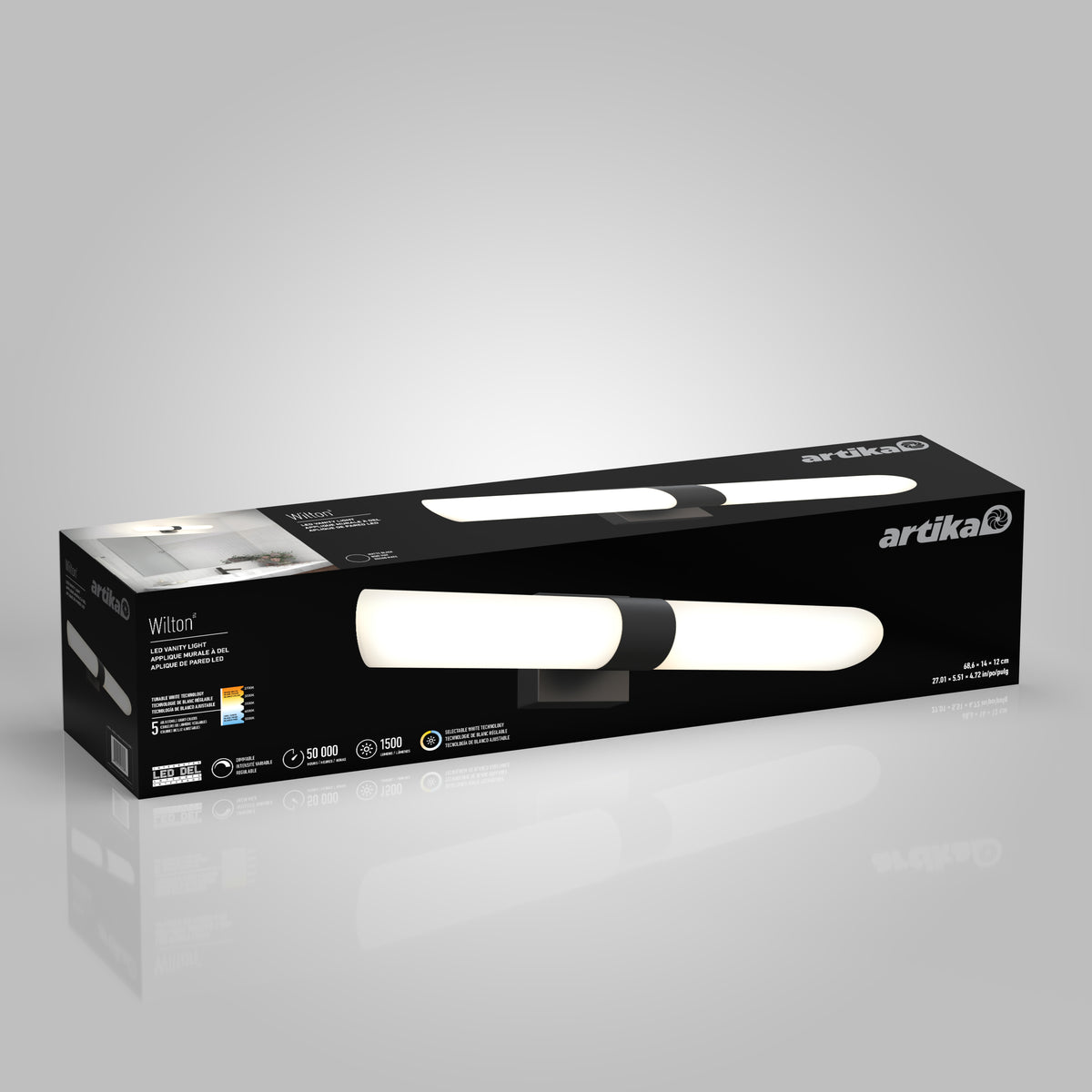 Black Artika Wilton 27″ LED 5-CCT vanity light bar shown with specs, product image, and logo on a gray background.