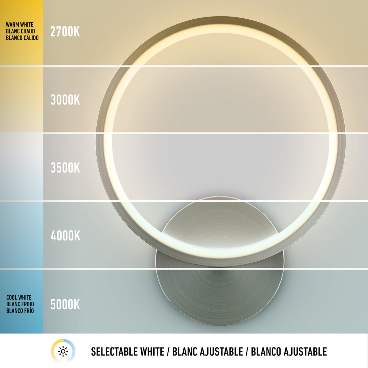The Artika Solis modern LED indoor-outdoor wall light 5 CCT features a round design with adjustable white light shades from warm (2700K) to cool (5000K), ideal for accent lighting in contemporary spaces, and clearly labeled color temperature options.