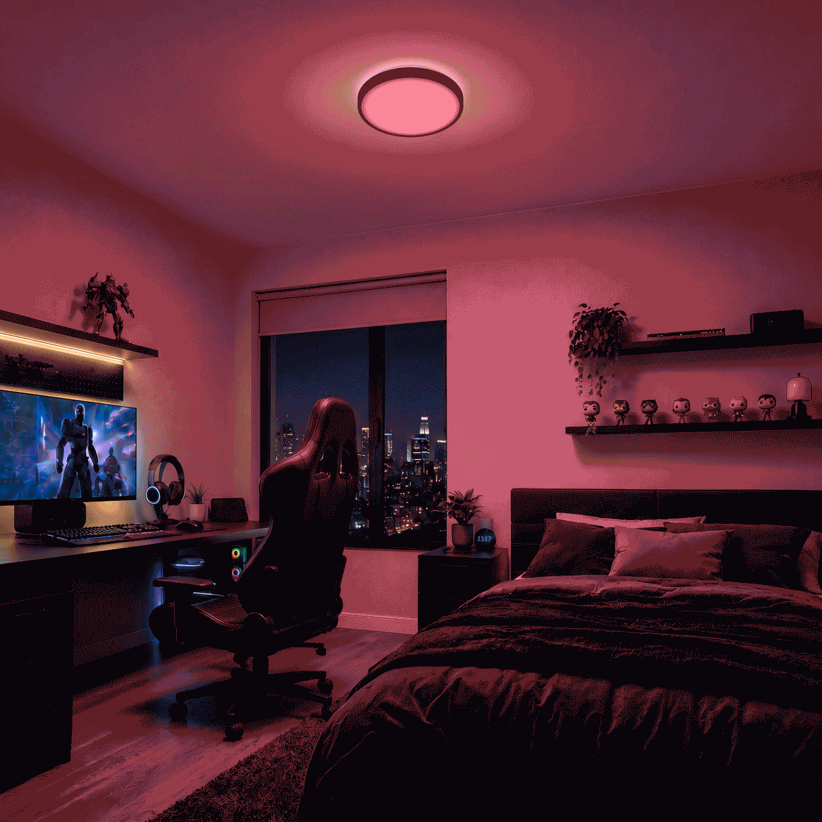 A gaming room with a PC, monitor, chair, city view, and pink lighting from Artika’s Isara 12 in. RGBIC LED Flush Mount.