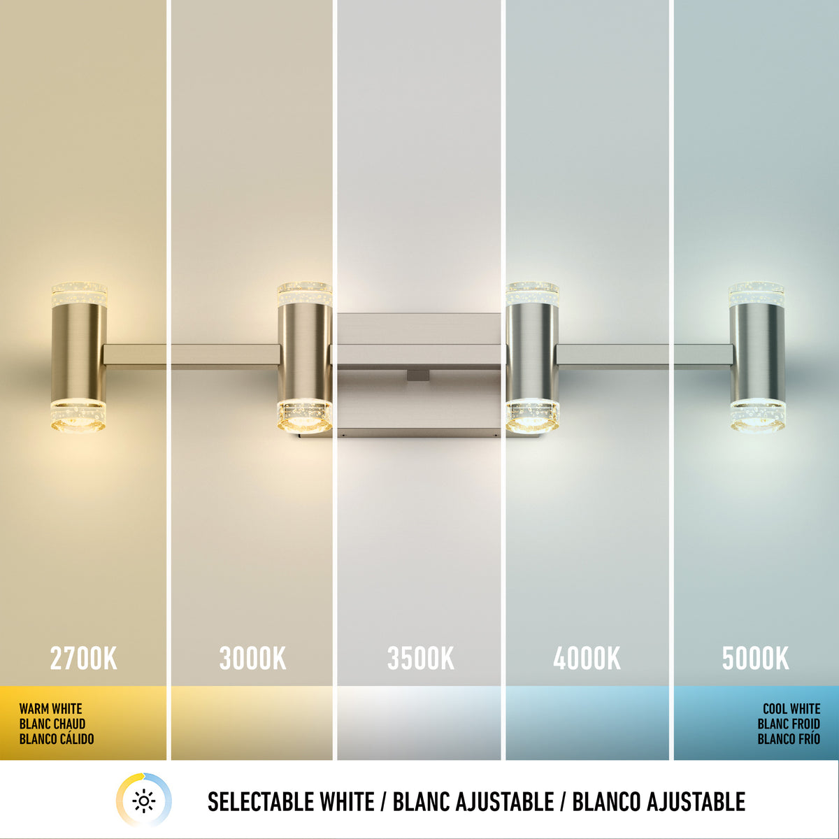 The Artika Mist modern LED bathroom vanity light 5 CCT is shown wall-mounted, with selectable white color temperatures from warm 2700K to cool 5000K. Labels appear in English, French, and Spanish. Perfect for bathroom lighting. Text: “Selectable White.”.