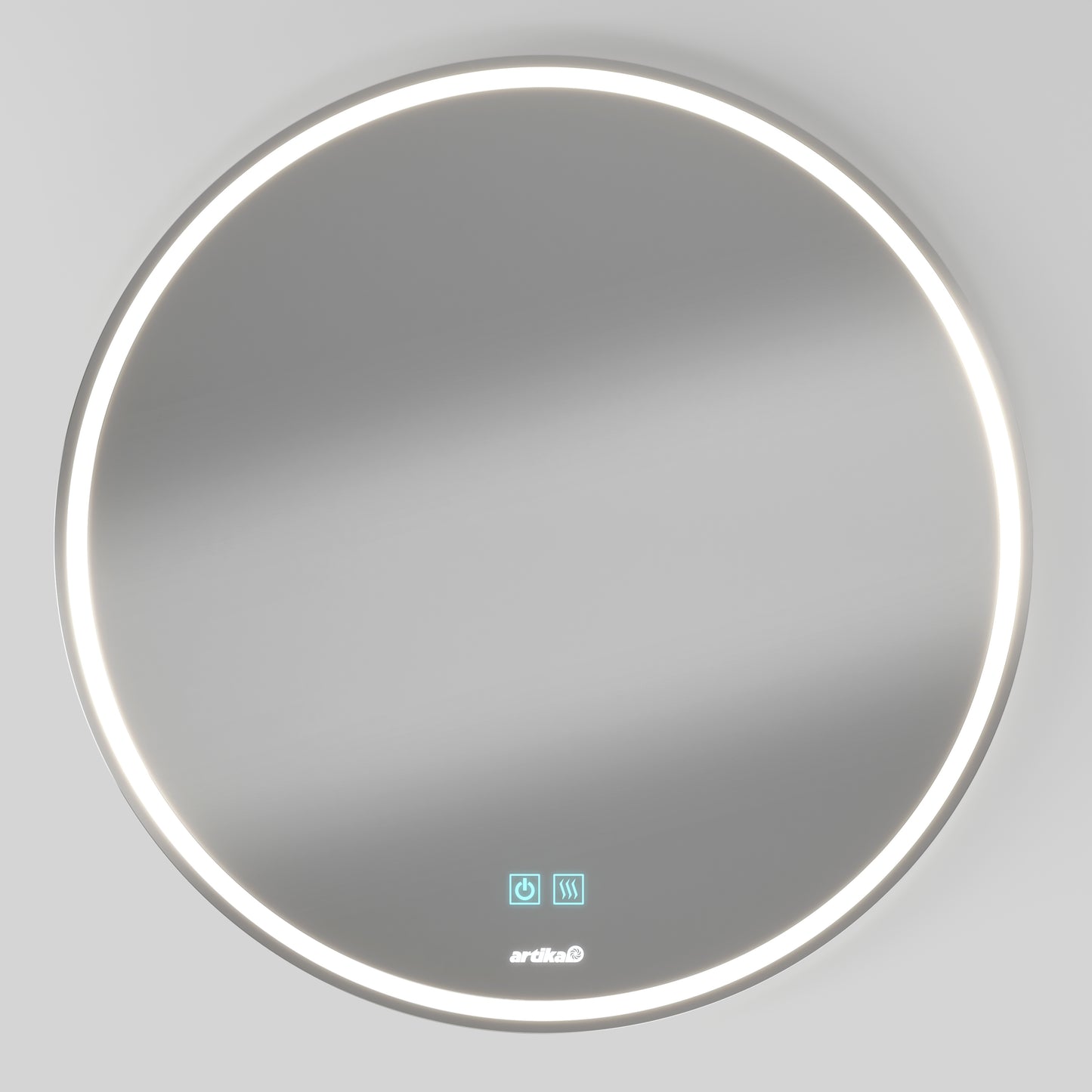 The Artika Mateo 28 in. LED mirror features a round, wall-mounted design with an LED light ring, touch controls on the lower surface, and built-in defogger. Shown against a plain light grey wall.