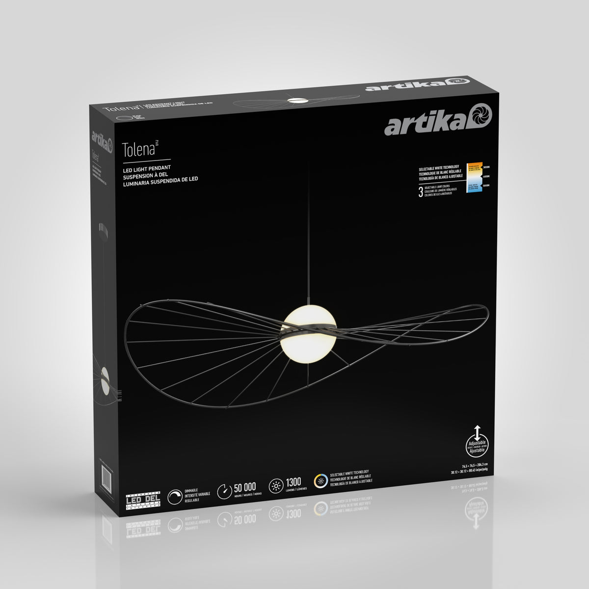 Black packaging box for the Artika Tolena LED pendant light 3 CCT, featuring a minimalist line drawing of the modern fixture with glowing bulb details and white brand name and specs on a sleek black background.