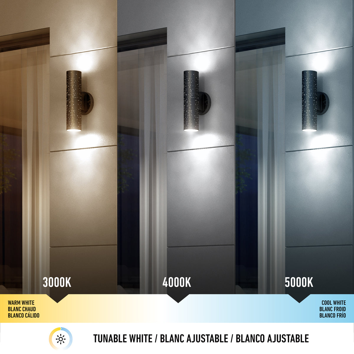 Artikas Cosmic indoor-outdoor LED wall light 3 CCT is shown in three side-by-side views, emitting warm white (3000K) on the left, neutral white (4000K) in the center, and cool white (5000K) on the right.