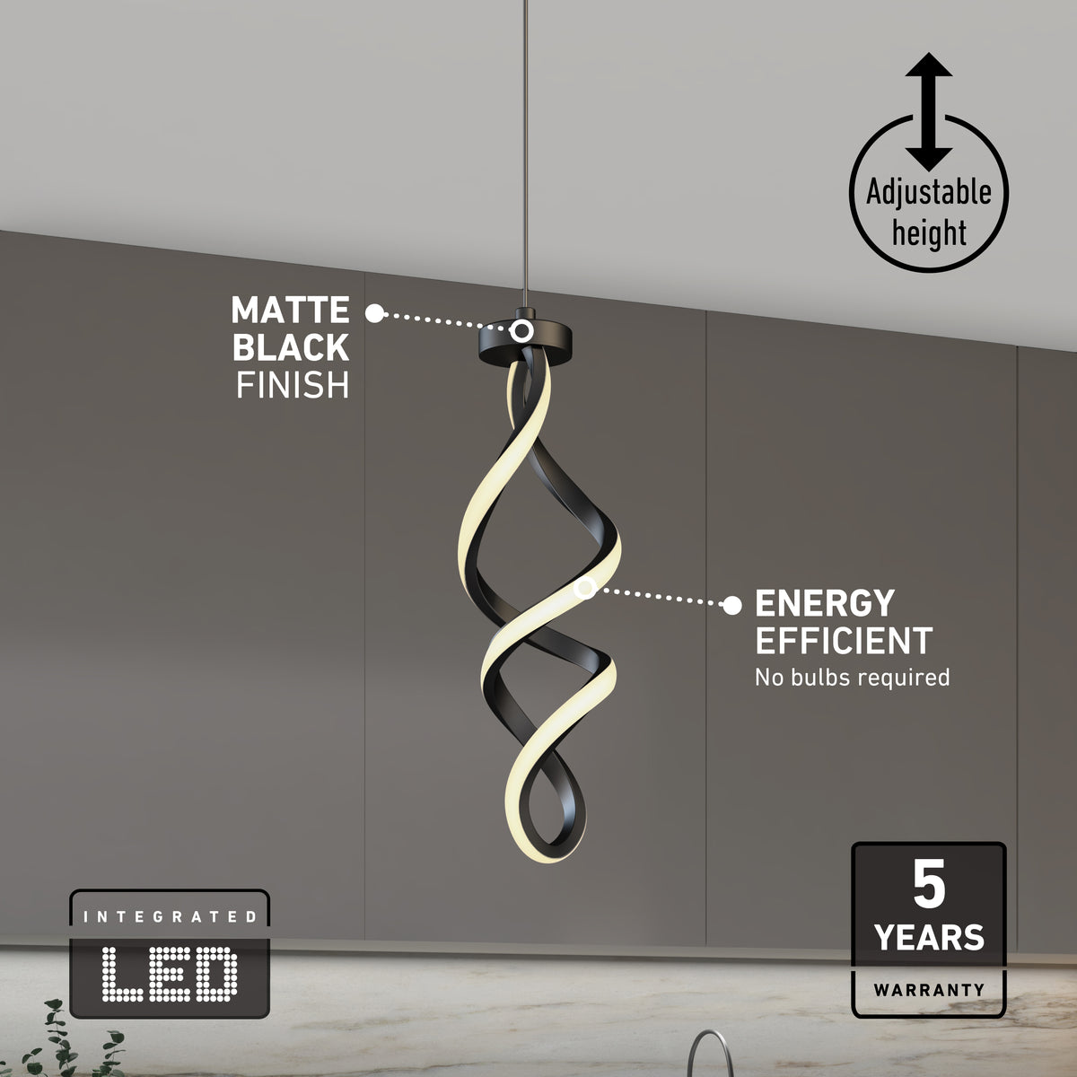 The Artika Mini Swirl LED pendant light features a matte black twisted design, adjustable height, integrated energy-efficient LEDs (no bulbs needed), and comes with a 5-year warranty.