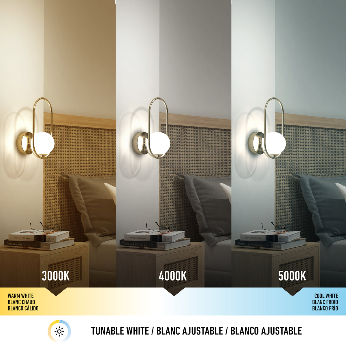 The Artika Bloom LED Sconce 3 CCT above a nightstand offers 3000K warm, 4000K neutral, and 5000K cool white settings—each creating distinct lighting tones in your bedroom.