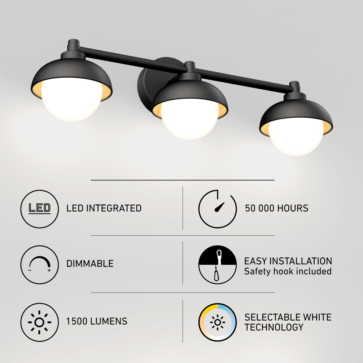 The Artika Boden 27-in (69 cm) Integrated LED 5-CCT Vanity Light Bar for Bathroom features easy installation, dimmable lighting, 50,000-hour lifespan, 1500 lumens brightness, and adjustable color temperature.