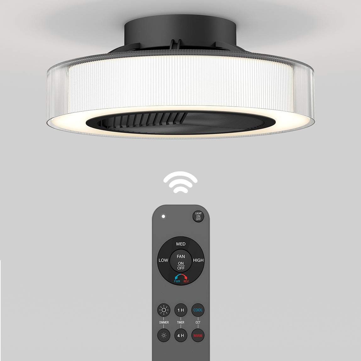 The Artika Groove 20 in. LED modern ceiling fan features 3 speeds and comes with a black remote for adjusting fan speed, timer, lighting, and modes. A Wi-Fi signal icon appears above the remote in the product image.