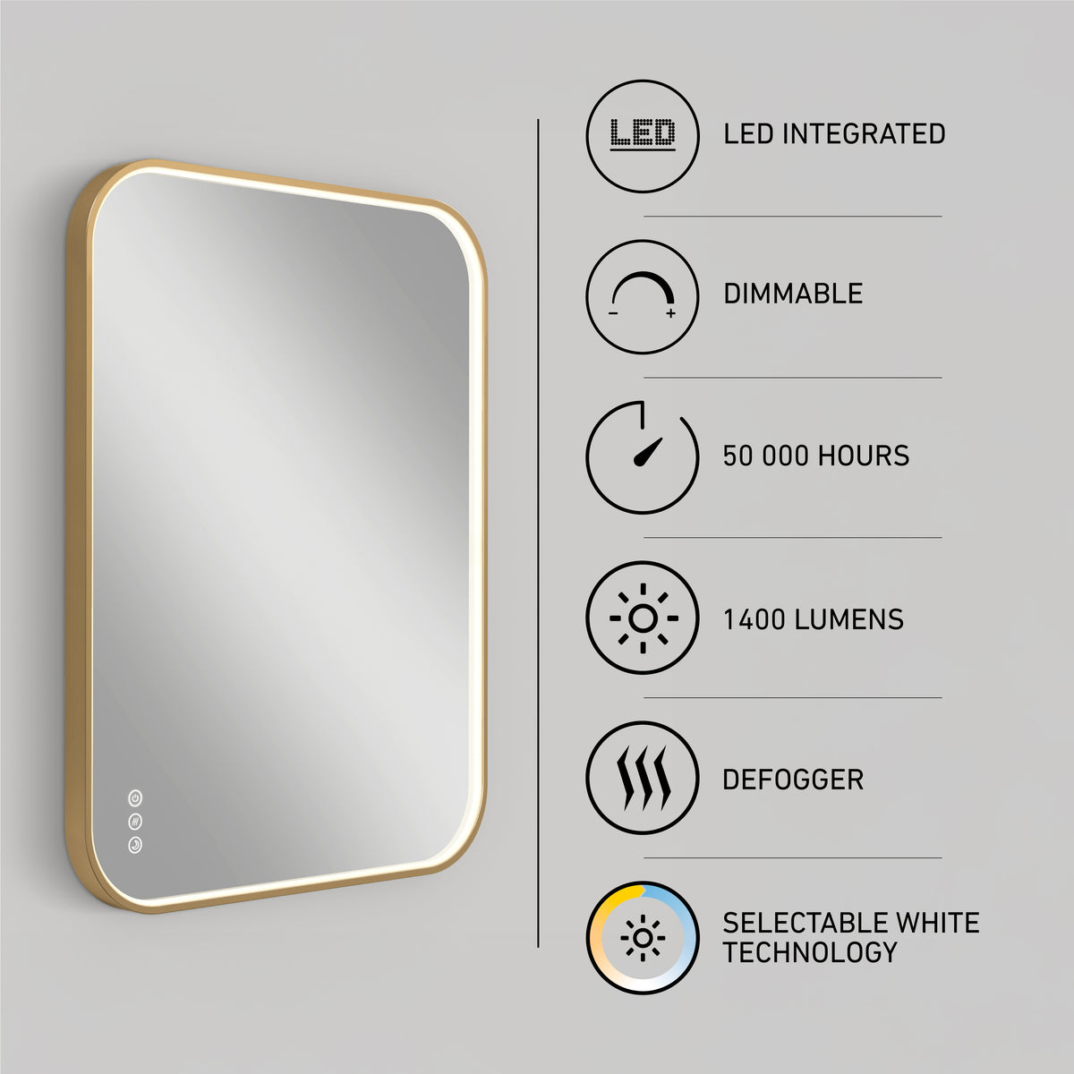 Artika Royce Dimmable LED Mirror, 3 CCT, mounts horizontally or vertically. Features: gold frame, integrated LED (50,000 hours), 1400 lumens, dimmable brightness, defogger, and adjustable color temperature. Shown on a gray wall.
