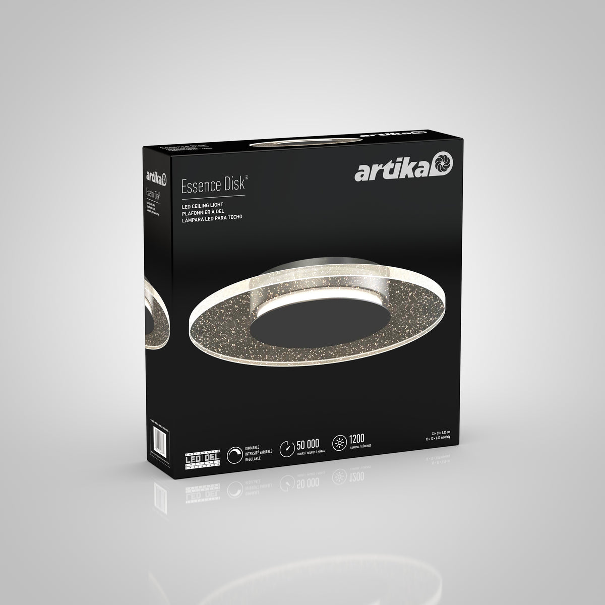 A black box for the Artika Essence Disk LED flush mount displays the round, glittery light and highlights features like a 50,000-hour lifespan and 1200 lumens on the front.