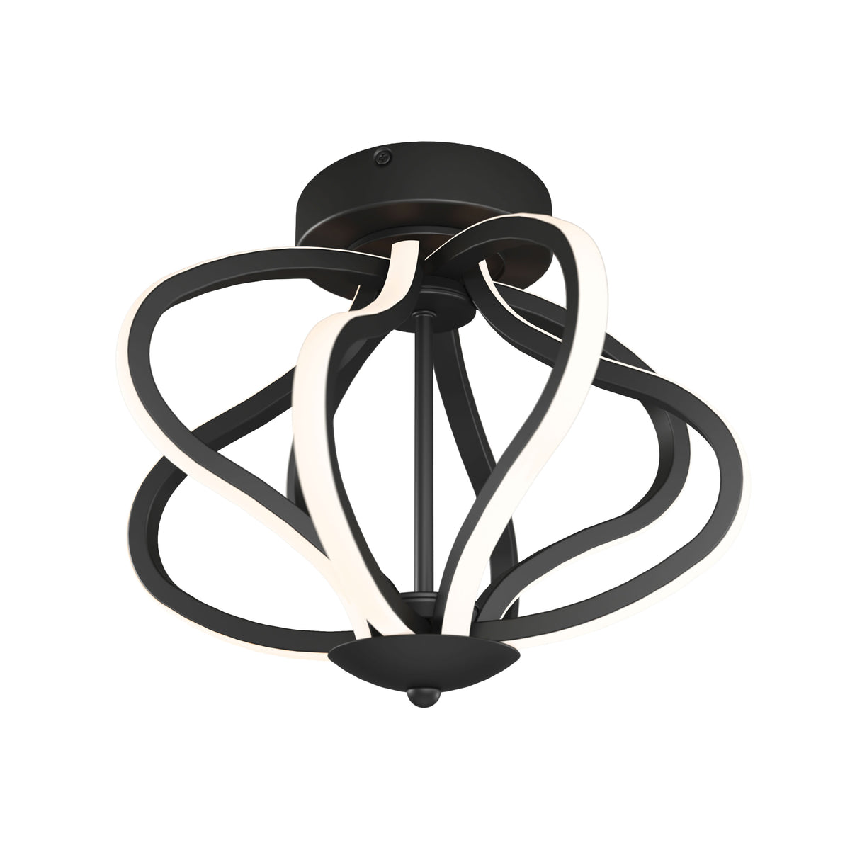 The Artika Meridian LED flush mount light features curved, intertwined LED strips in a sculptural, abstract design with a matte black base for a sleek, modern look.