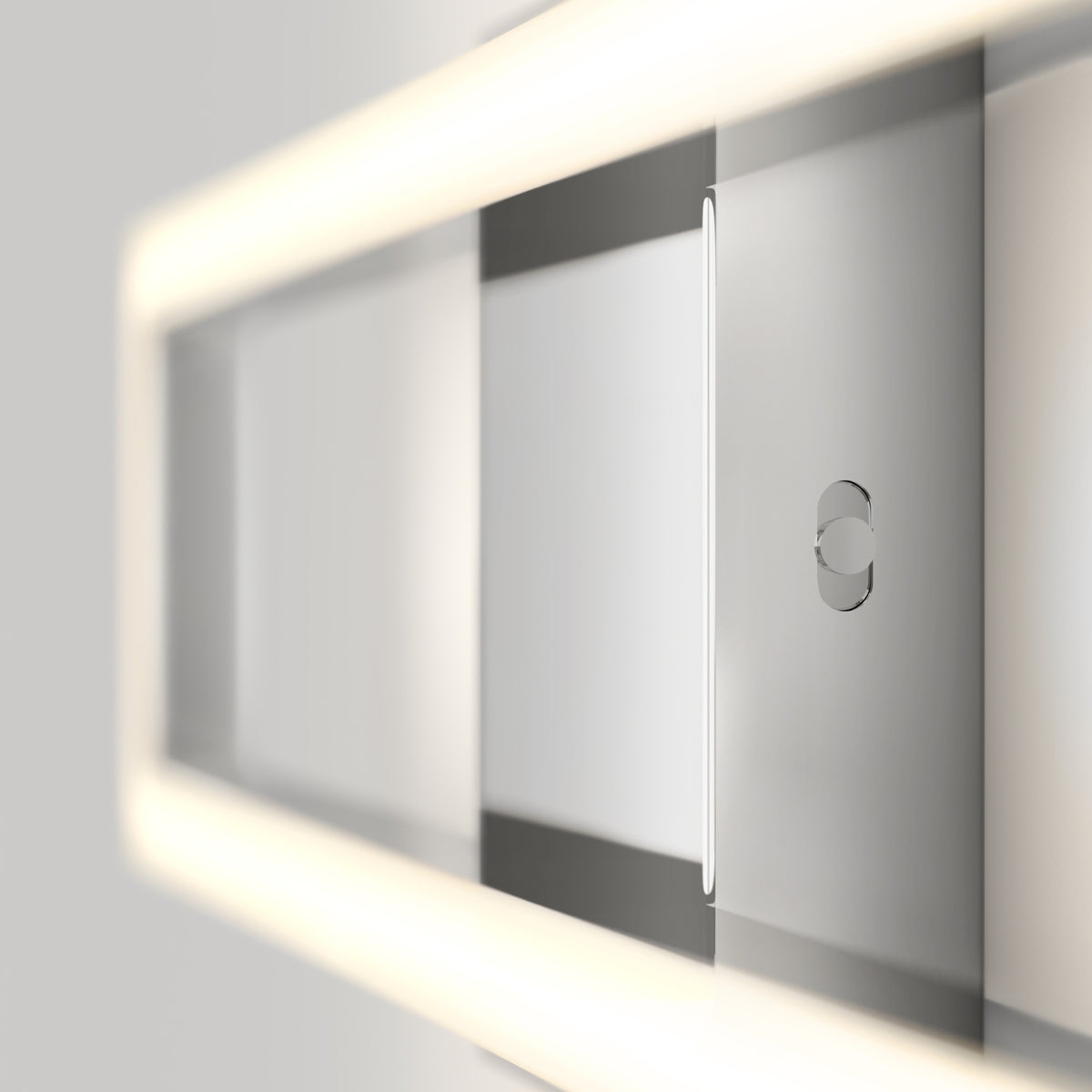 A close-up of Artika’s Dover modern LED bathroom vanity light 5 CCT, featuring a sleek rectangular design with soft built-in LED lighting along the edges and a small circular detail, mounted on a light gray wall.
