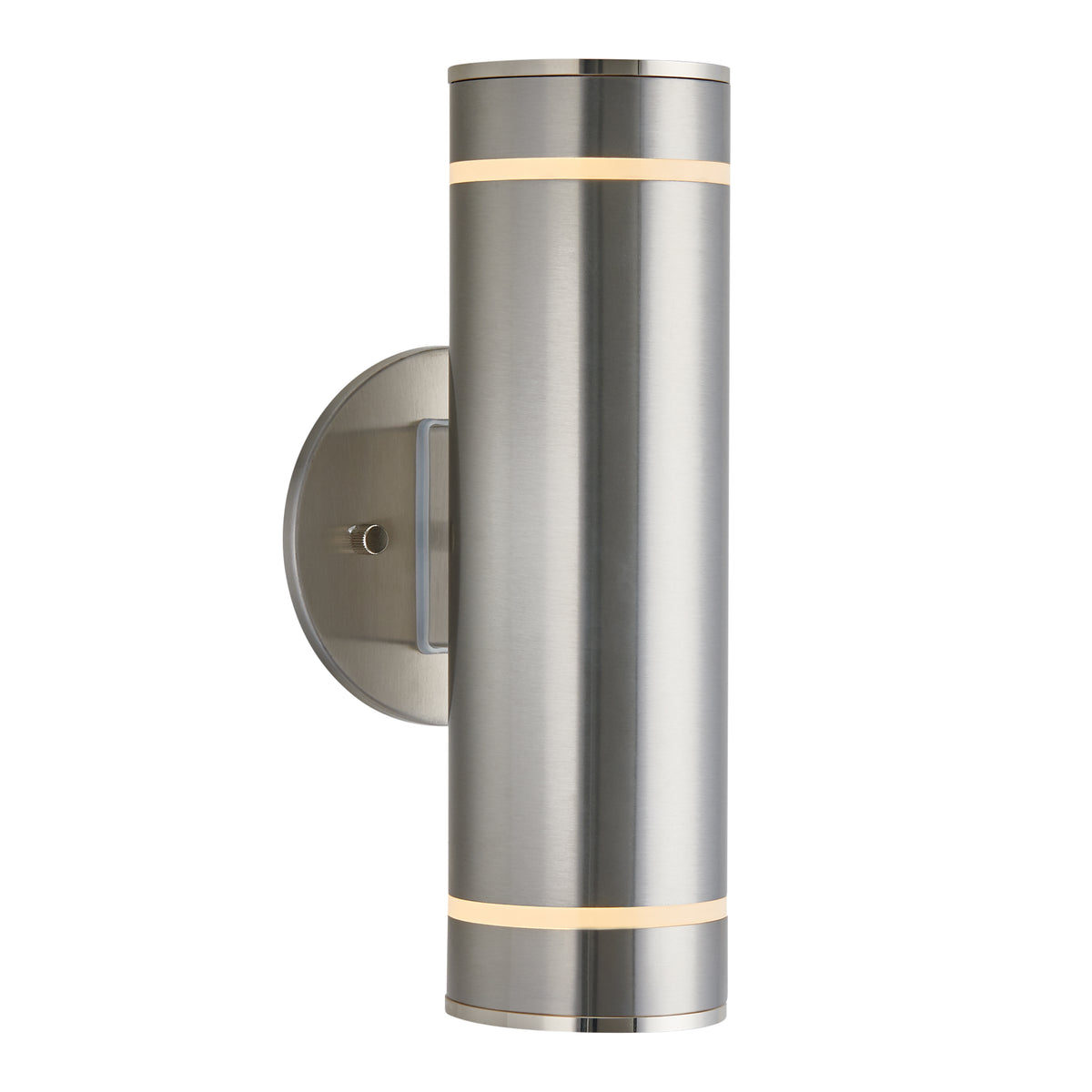 The Artika C7 indoor-outdoor wall light features a modern brushed metal cylinder design with a round backplate and dual thin light bands at the top and bottom, perfect for both indoor and outdoor spaces.